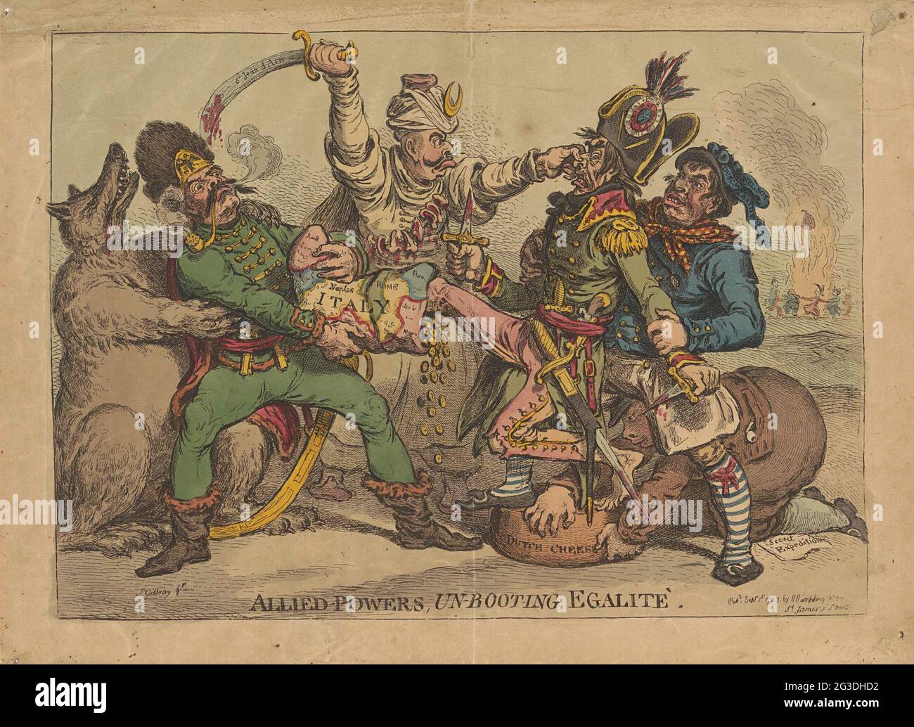 Cartoon on Napoleons defeats in 1799; Allied-Powers, un-boot-ing egalité. A  caricature from Napoleon Bonaparte is attacked by the four Allied Parties  (Austria, Ottoman Empire, Great Britain and the Netherlands). Napoleon is  held