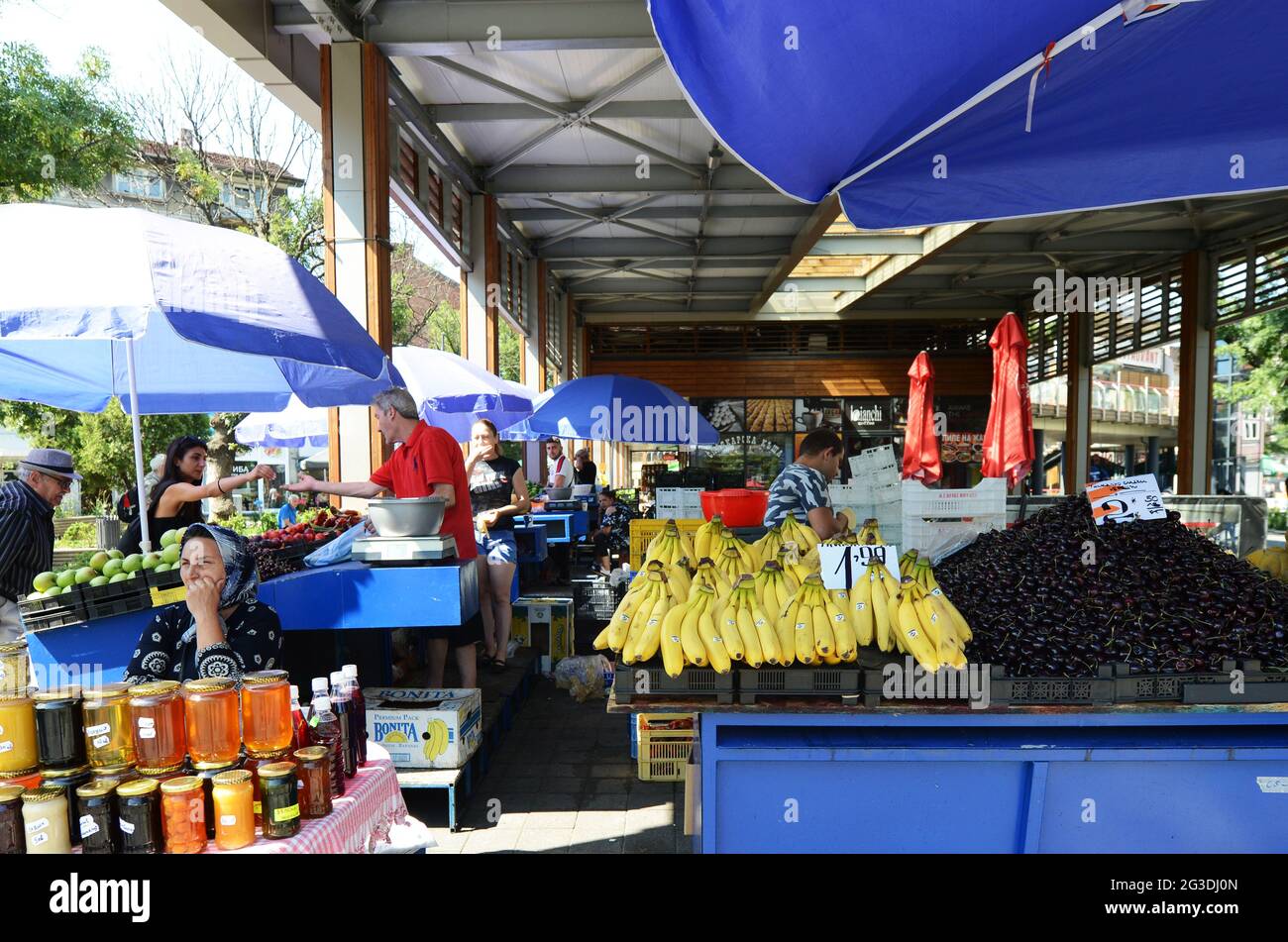 Fresh fruits sold at the Zhenski Pazar ( Ladies' Market ) is one of the largest markets in Sofia, Bulgaria. Stock Photo