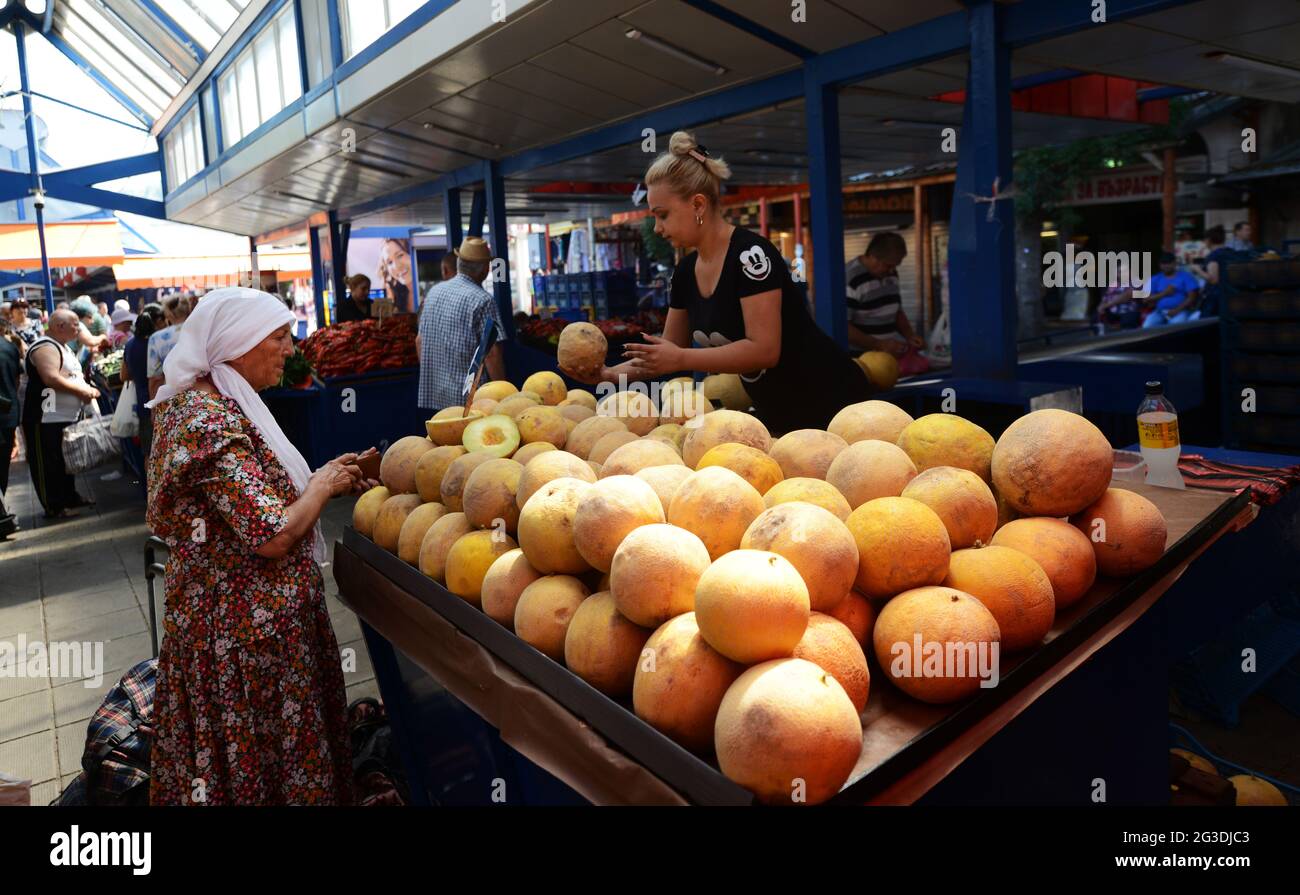 Fresh fruits sold at the Zhenski Pazar ( Ladies' Market ). This is one of the largest markets in Sofia, Bulgaria. Stock Photo