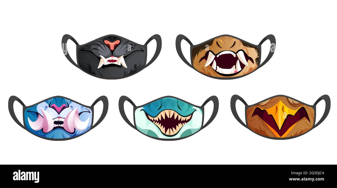 Face masks with scary animal fangs isolated on white background. Vector cartoon set of black cloth medical protective masks with print of panther, dog, shark mouth with teeth and bird beak Stock Vector
