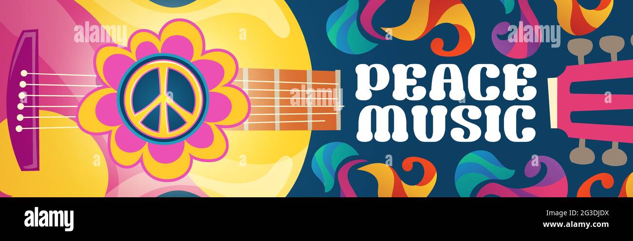 Hippie music cartoon banner with acoustic guitar and peace symbol on colorful ornate psychedelic background. Rock-n-roll hippy musical disco party, pop concert, festival live event Vector retro design Stock Vector