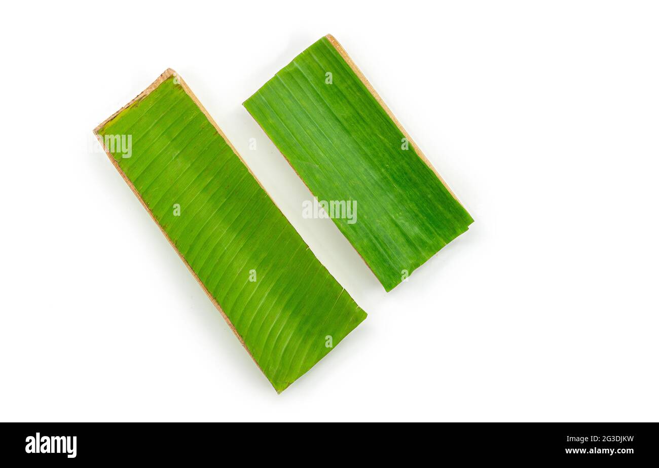 Eco tray which made from banana leaf and banana tree, top view image, the isolated image on white background. The concept for organic vegetable or oth Stock Photo