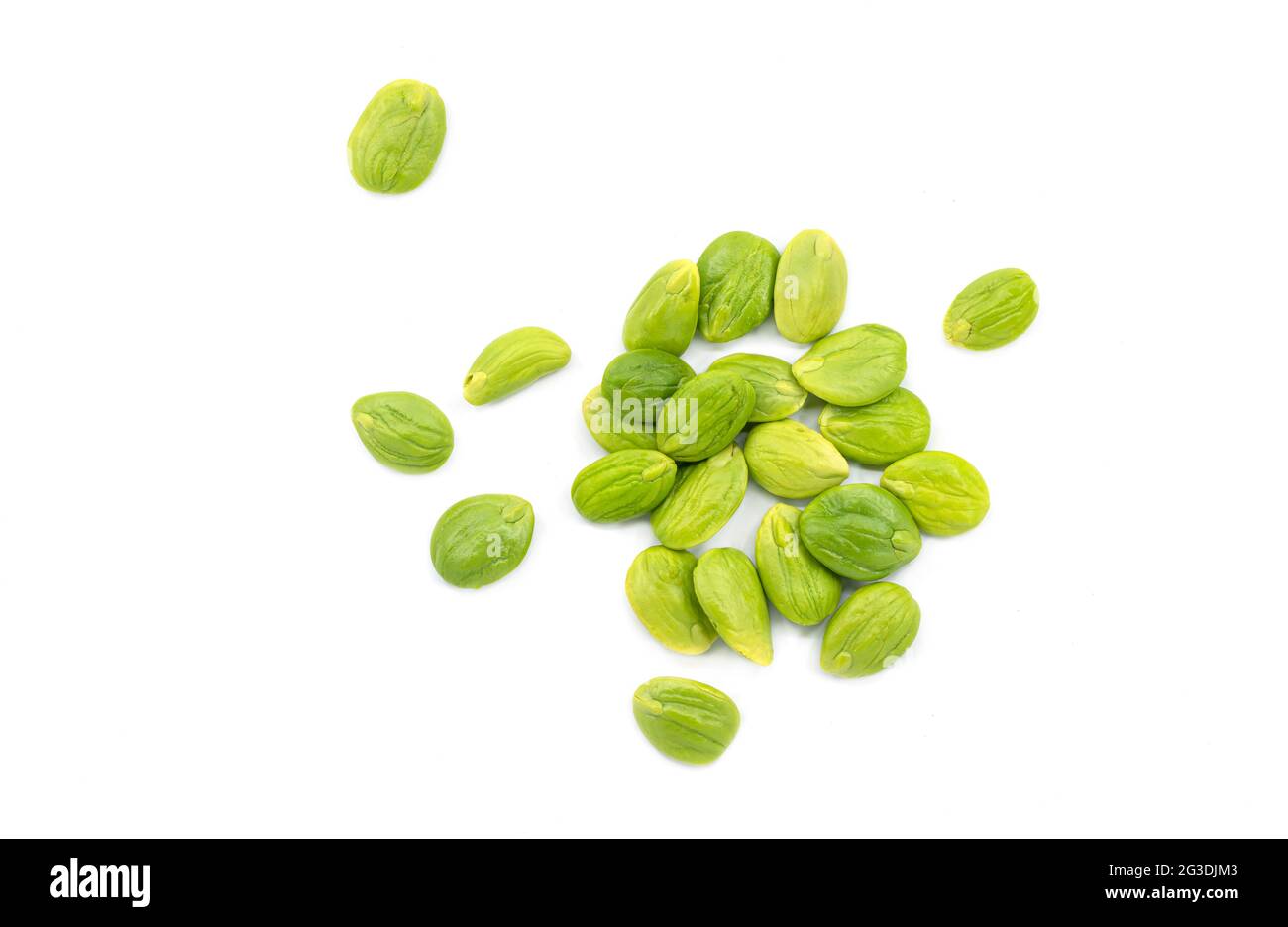 Top view pile of bitter beans on white background, bitter beans or Sator in Thailand language. Stock Photo