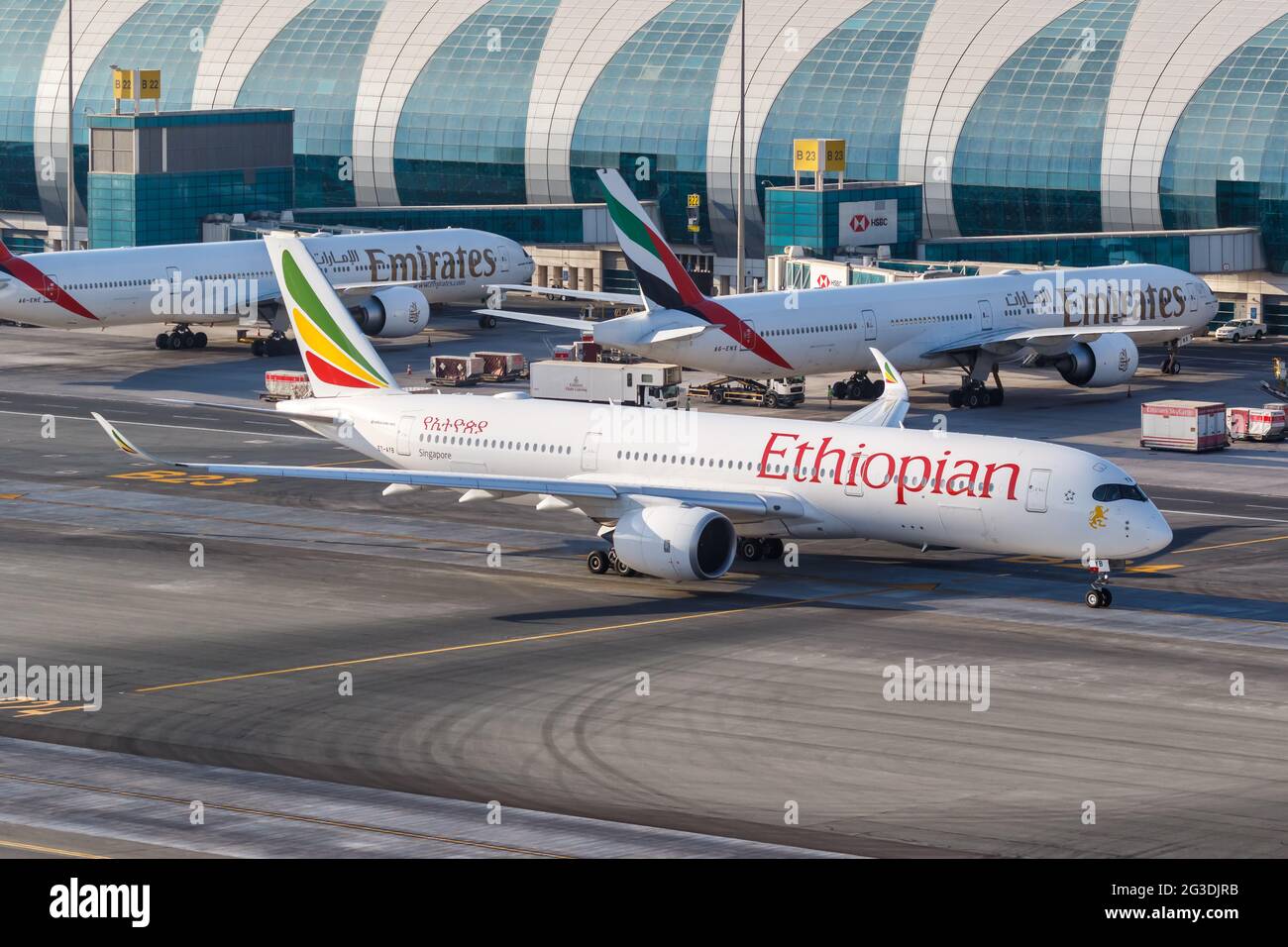 Dubai, United Arab Emirates - May 27, 2021: Ethiopian Airlines Airbus A350-900 airplane at Dubai airport (DXB) in the United Arab Emirates. Stock Photo