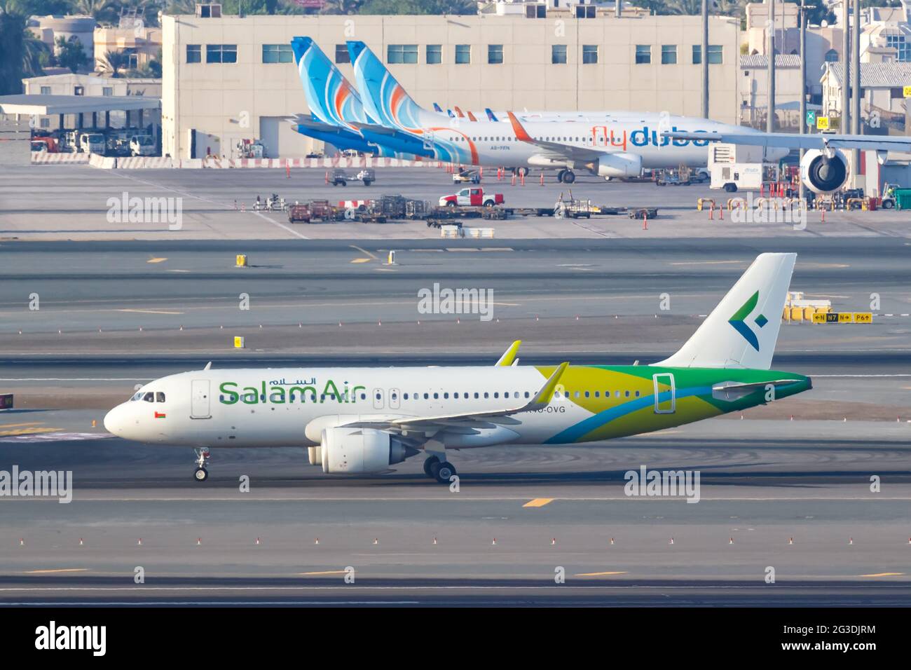 Dubai, United Arab Emirates - May 27, 2021: Salam Air Airbus A320neo airplane at Dubai airport (DXB) in the United Arab Emirates. Stock Photo
