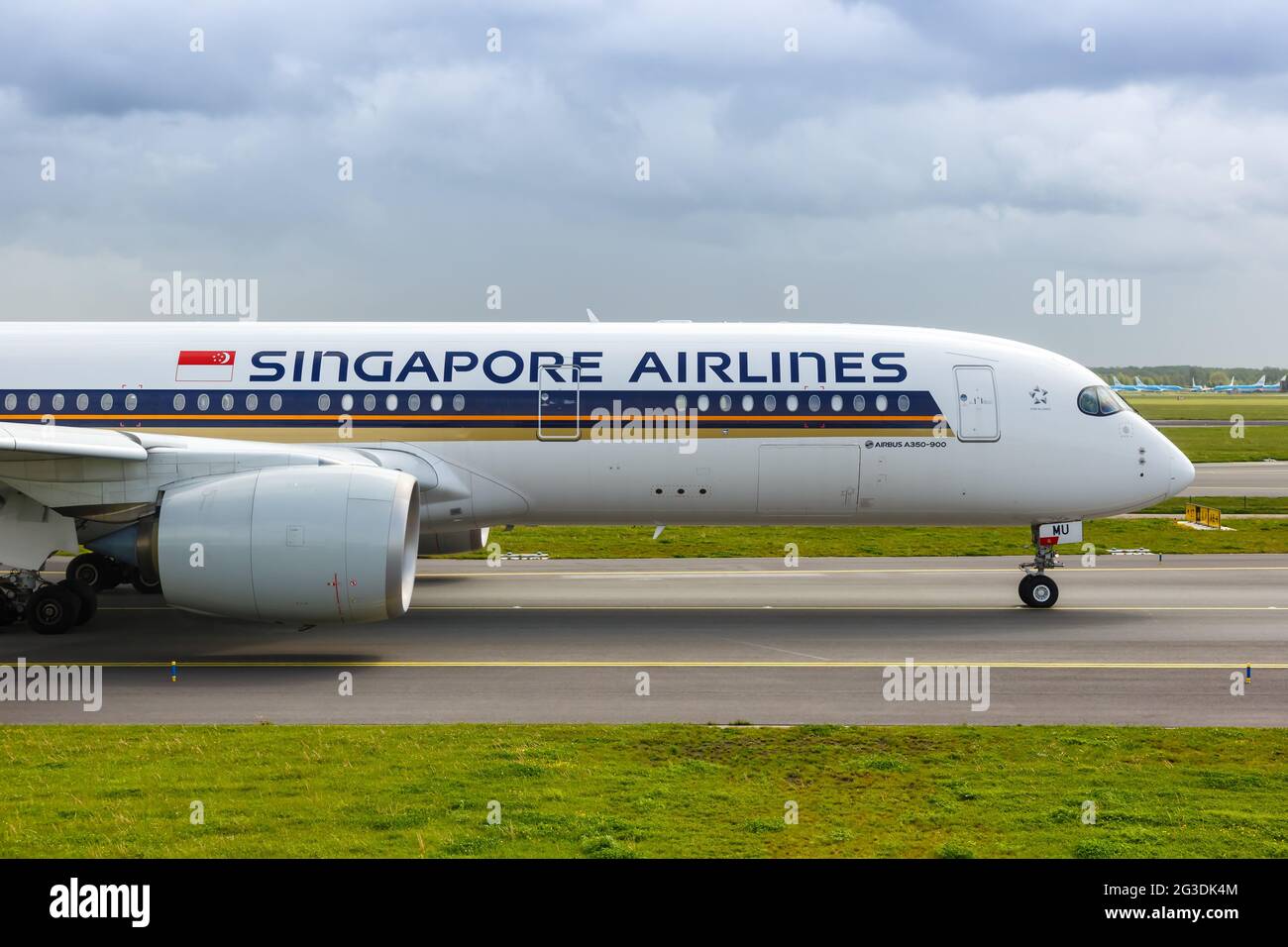Amsterdam, Netherlands - May 21, 2021: Singapore Airlines Airbus A350-900 airplane at Amsterdam Schiphol airport (AMS) in the Netherlands. Stock Photo