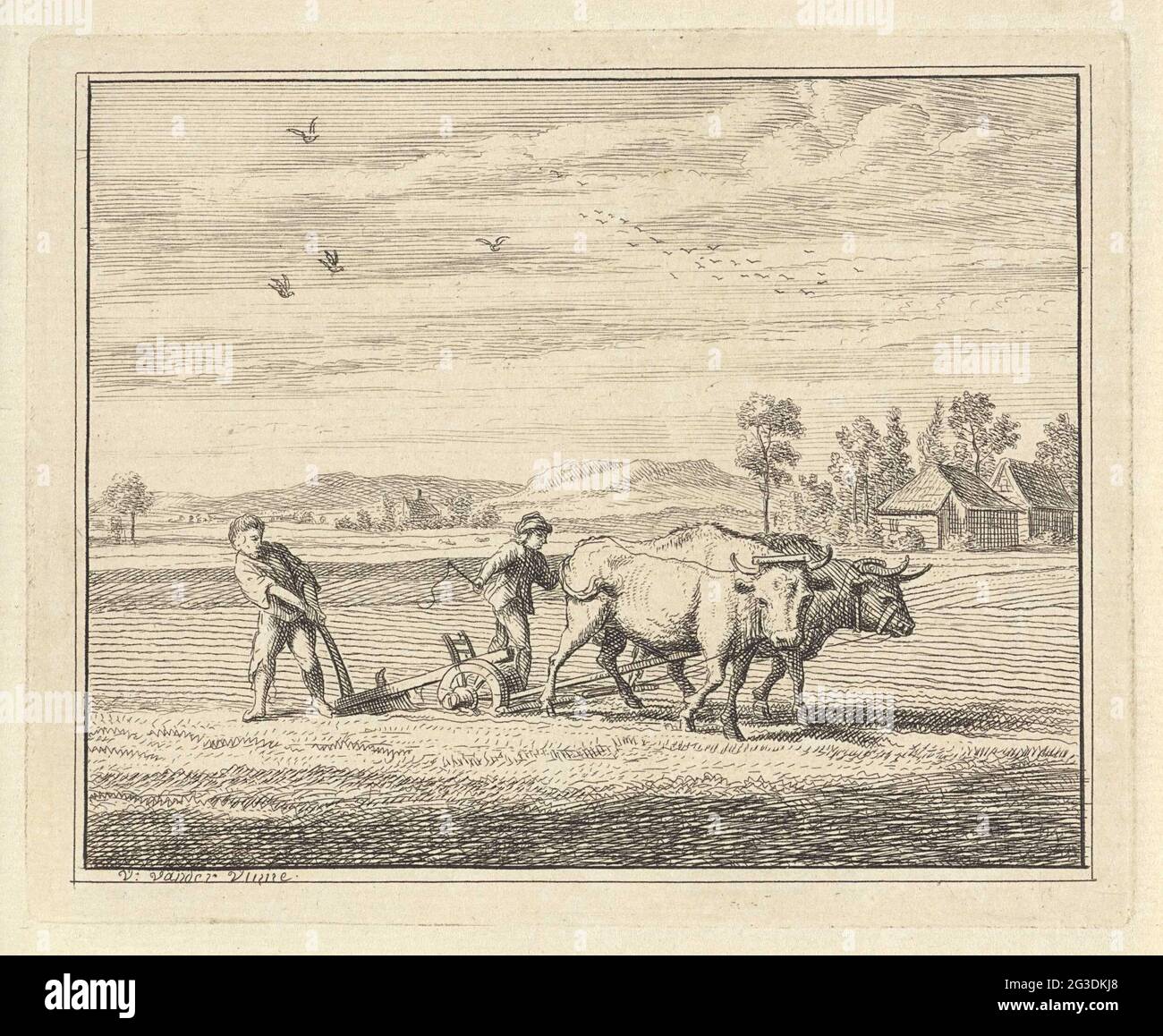Plowing farmers. Two farmers walk in a field behind a team inched with ...