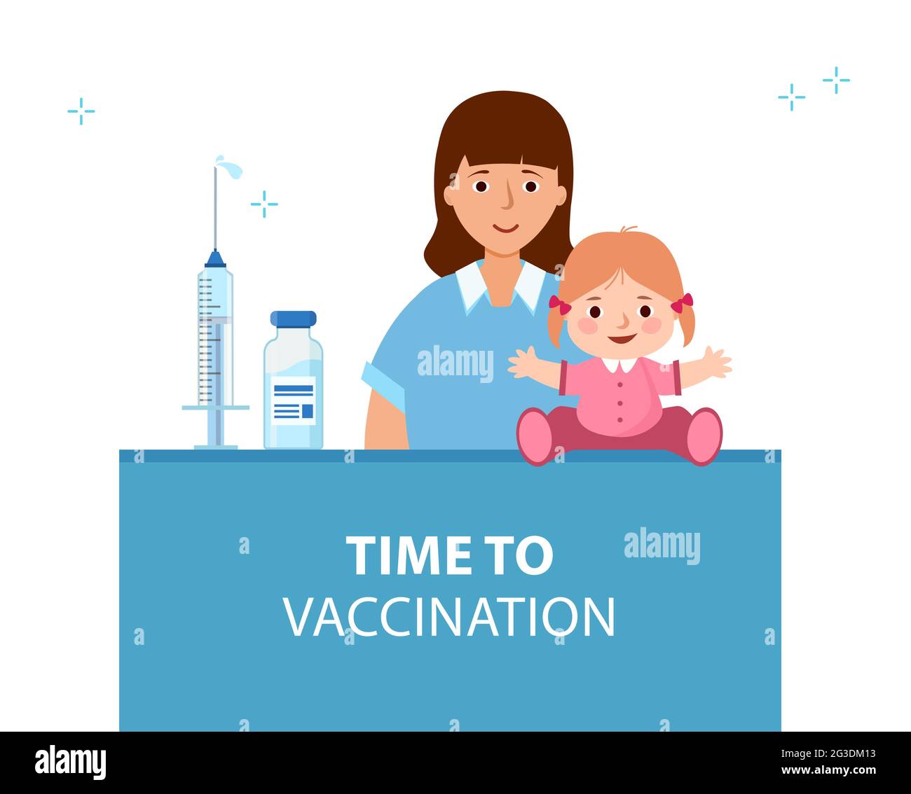 Mom and child are waiting for vaccination. Vaccination of children. Vector illustration in flat style. Stock Vector