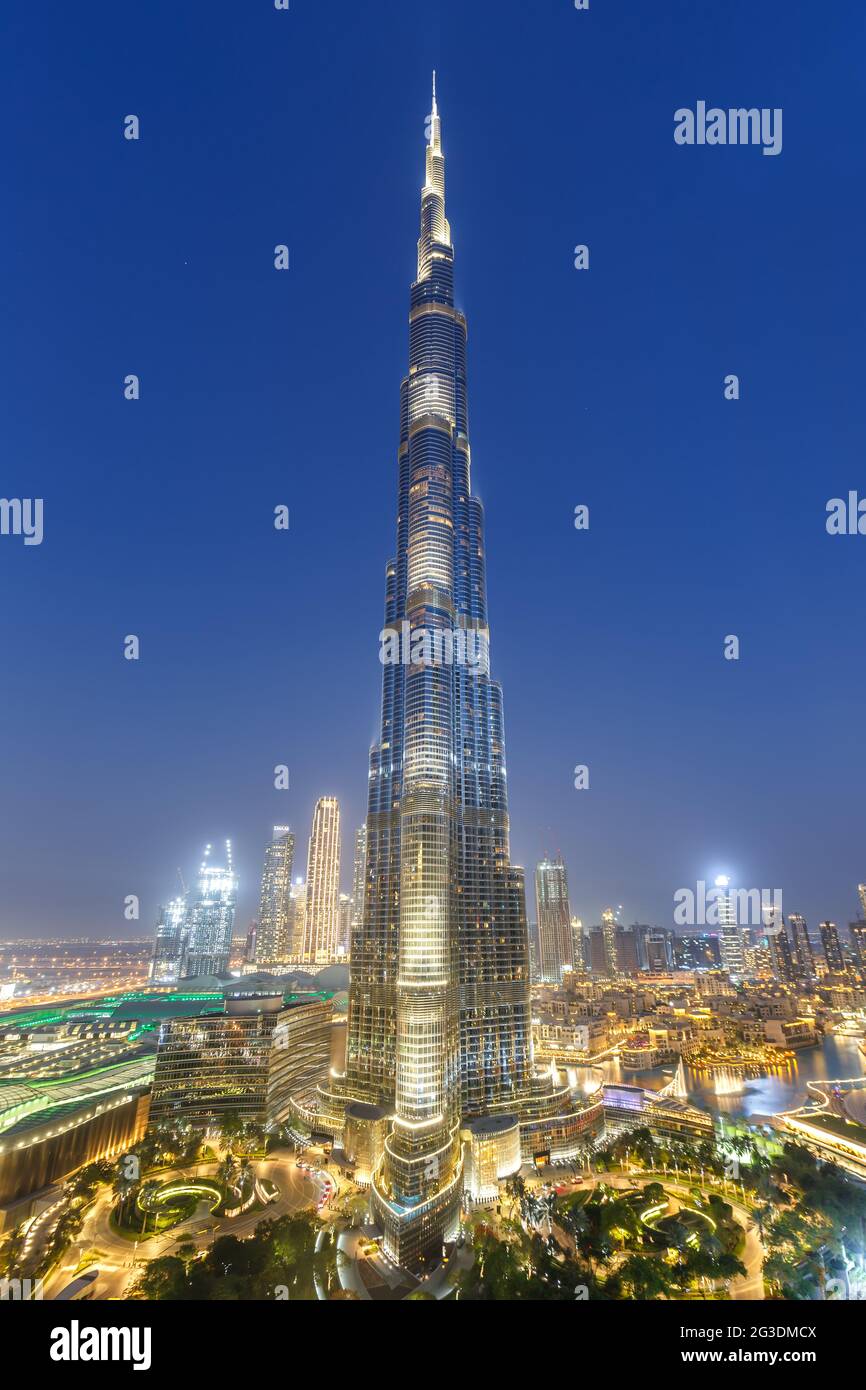 Dubai Burj Khalifa Kalifa skyscraper building skyline architecture at night in United Arab Emirates city Stock Photo