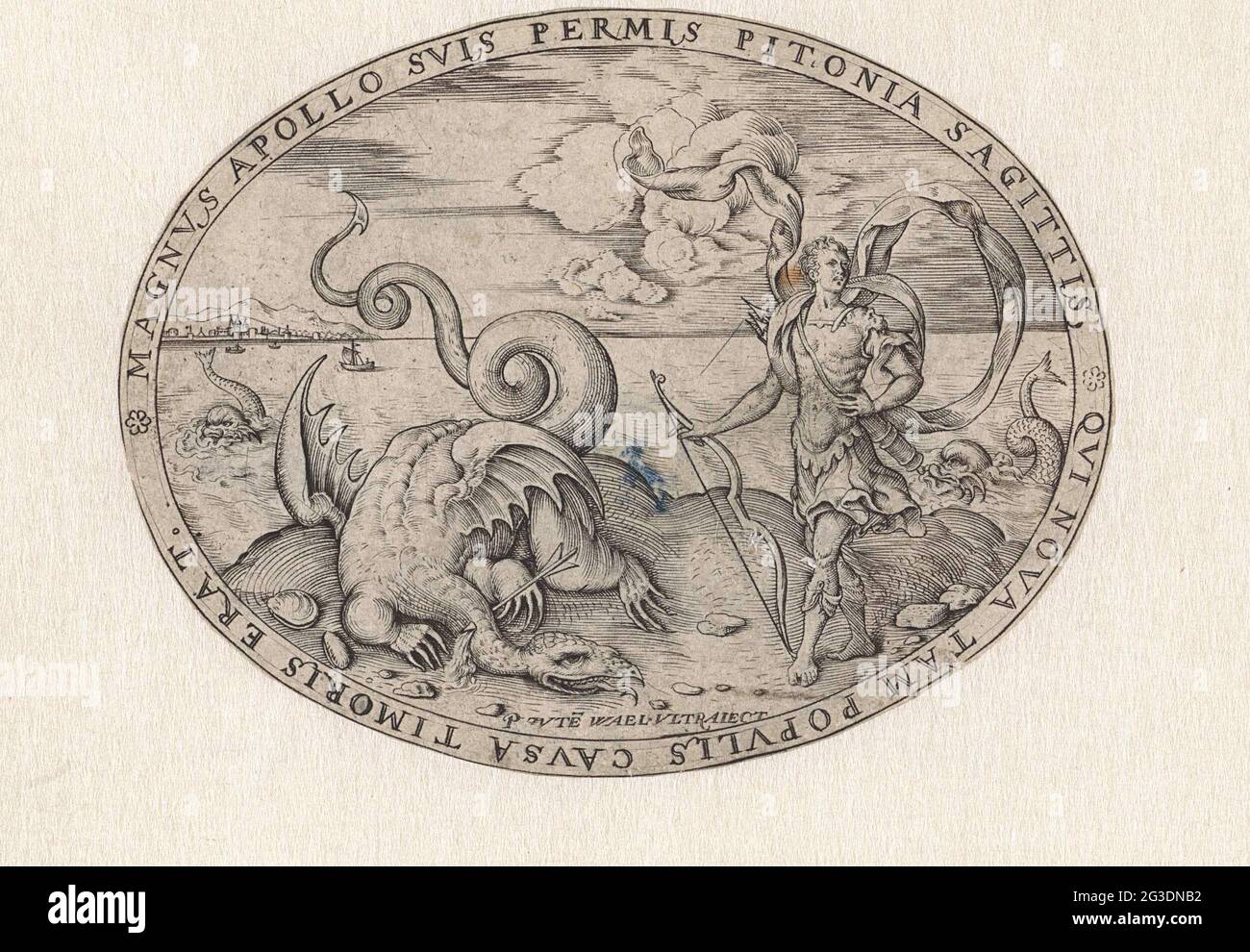 Apollo beat Python; Mythological scenes. Apollo on an island in the sea ...