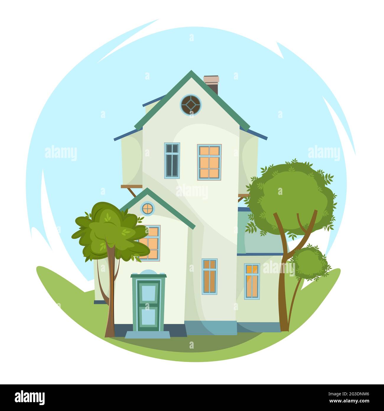 Cartoon house in the meadow. Beautiful view. Cozy rustic dwelling in a  traditional European style. Rural landscape with trees. Nice funny home  Stock Vector Image & Art - Alamy
