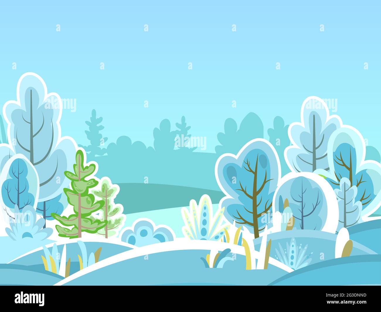Winter landscape. Beautiful frosty view with snow-covered trees. Fog. Illustration in a simple flat symbolic style. A funny scene. Comic cartoon Stock Vector