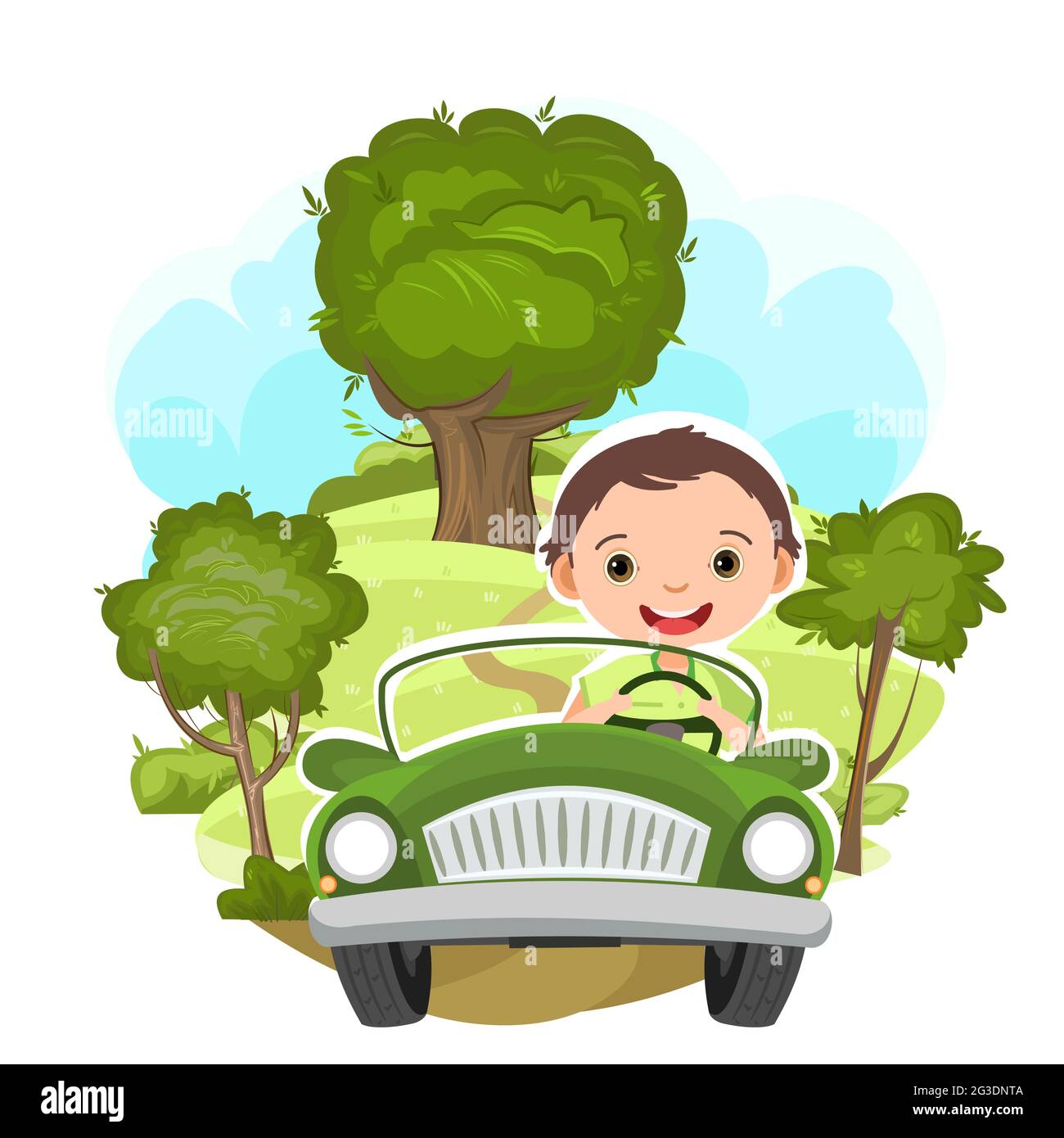 Childrens trip in a small car. Kid boy drives a pedal or electric toy automobile. Cartoon illustration. Isolated. Summer rural landscape. Vector Stock Vector