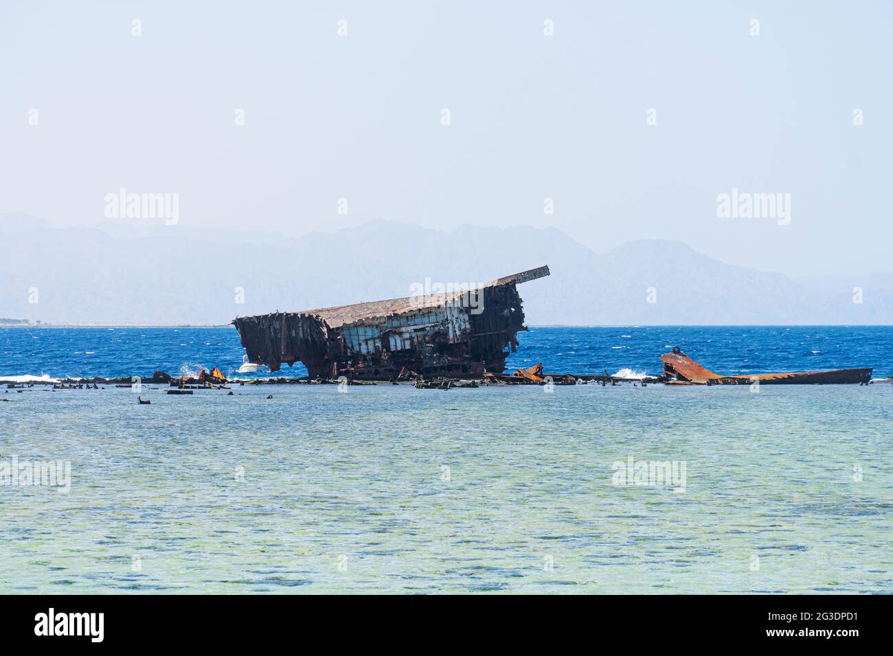 The sunken ship wreck on the reef, Egypt, Red Sea. Stock Photo