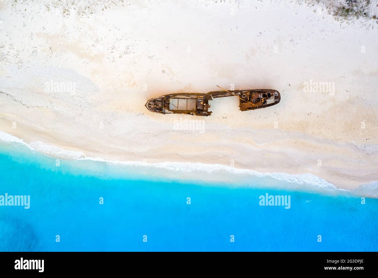 Zakynthos island Greece shipwreck Navagio beach travel vacation background drone view aerial photo tourism Stock Photo
