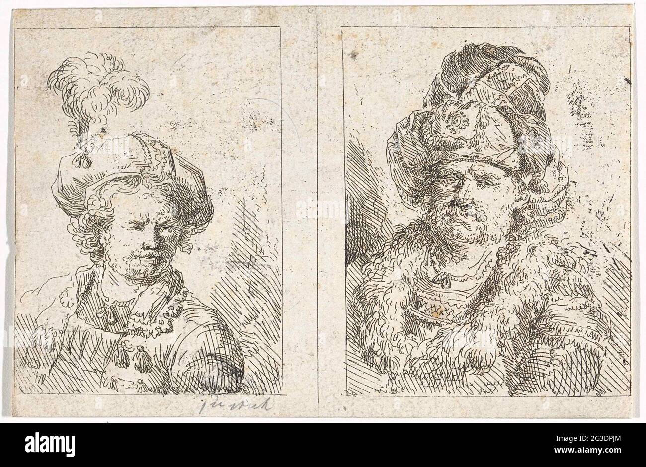 Two men's busts. Two performances on a leaf. On the left a man with a beret with plume on the head. On the right a man with a turban and a fur collar. Stock Photo