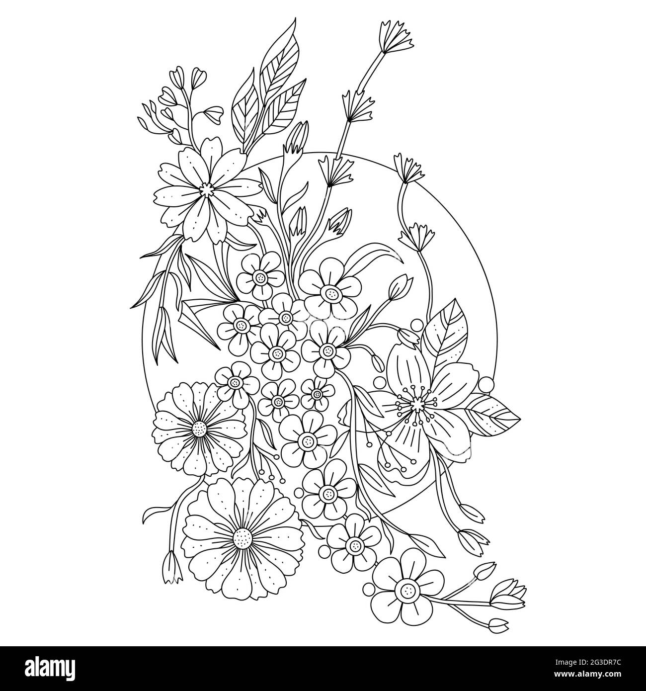 Outline doodle flowers in black and white for adult coloring books, monocrome floral vector pattern. Page of floral mandala. Stock Vector
