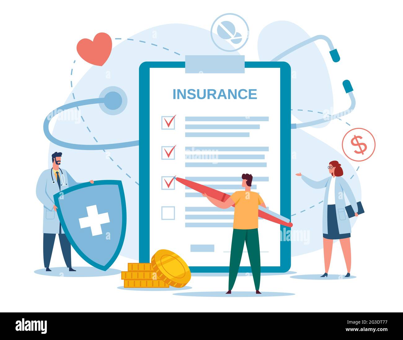Health insurance. Doctor with shield and patient filling insurance documents. Health protection