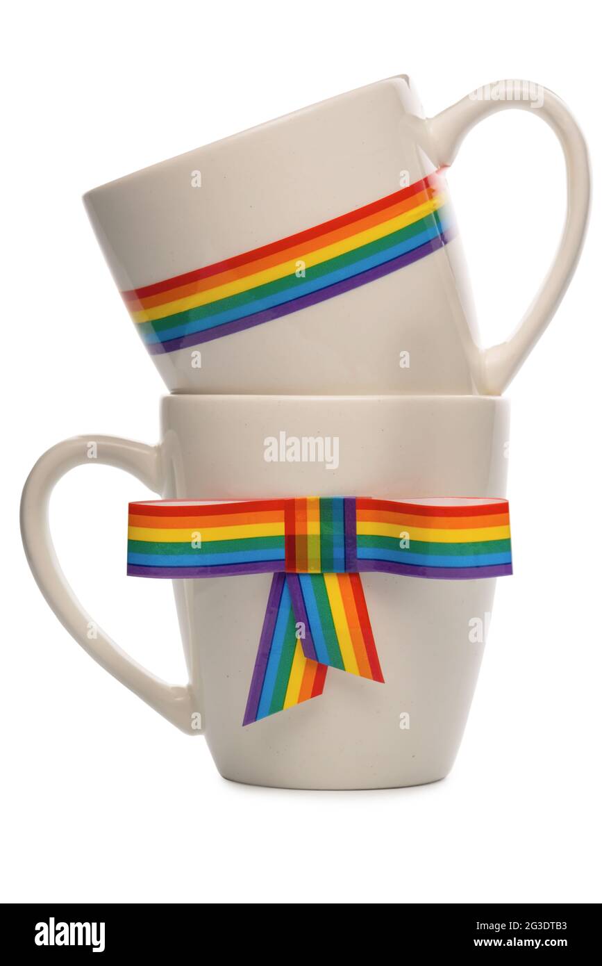 concept gay culture symbol with couple cups and rainbow ribbons bow, sign LGBT community is isolated on white background Stock Photo