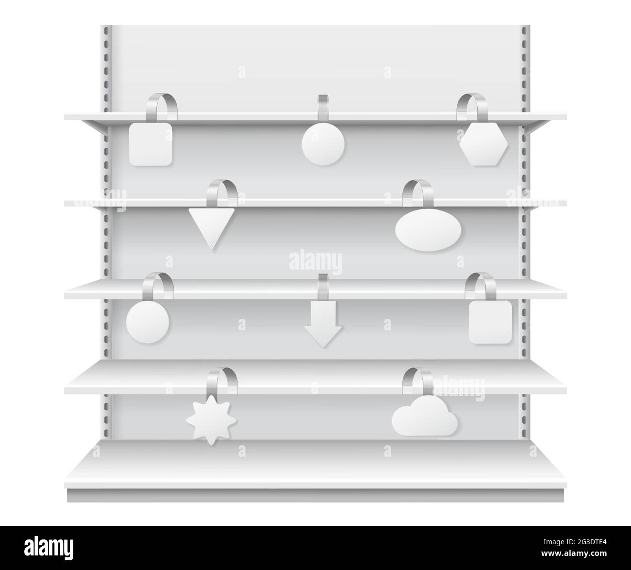 Wobblers on shelves. Retail sale danglers hanging on supermarket shelf. Realistic showcase display with white price tags vector template. Shop or store with empty furniture and promotional labels Stock Vector