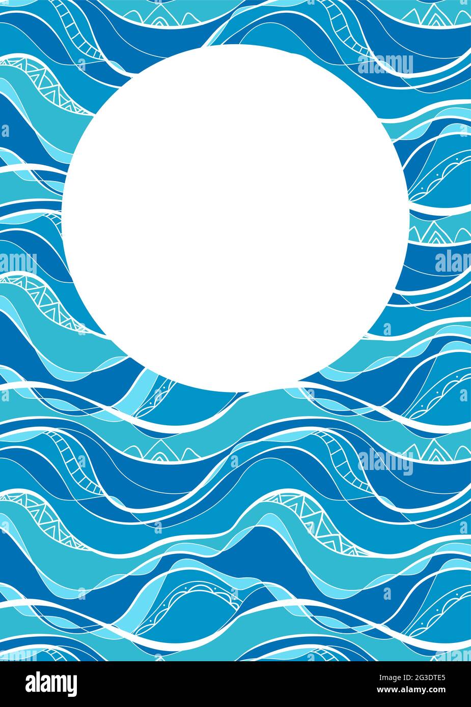 Vertical card with blue and turquoise waves with white tribal pattern and circle copy space. Vector template of the ocean surface. Round frame with se Stock Vector