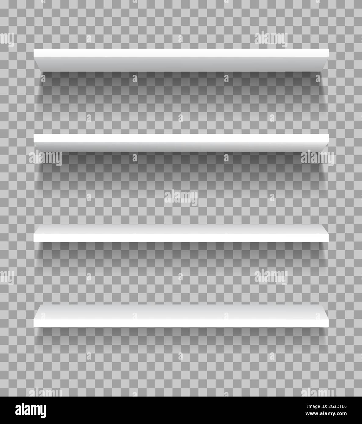 White shelves. Empty showcase display, product shelving for exhibitions. Realistic bookshelf rack, supermarket store shelf vector mockup. 3d furniture for selling products in retail shop Stock Vector