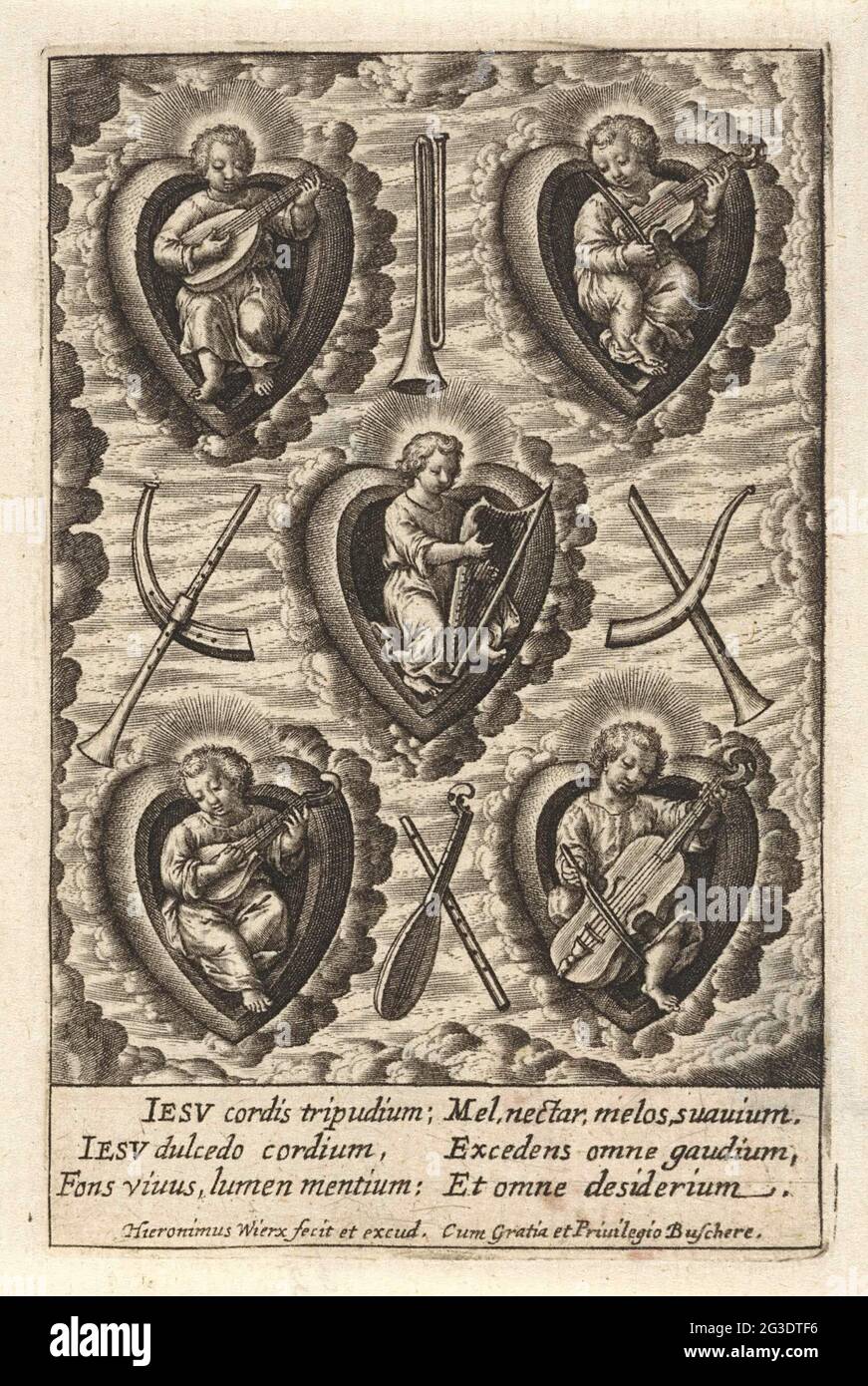 Christ child plays string instruments; Worship of the Christ child. The