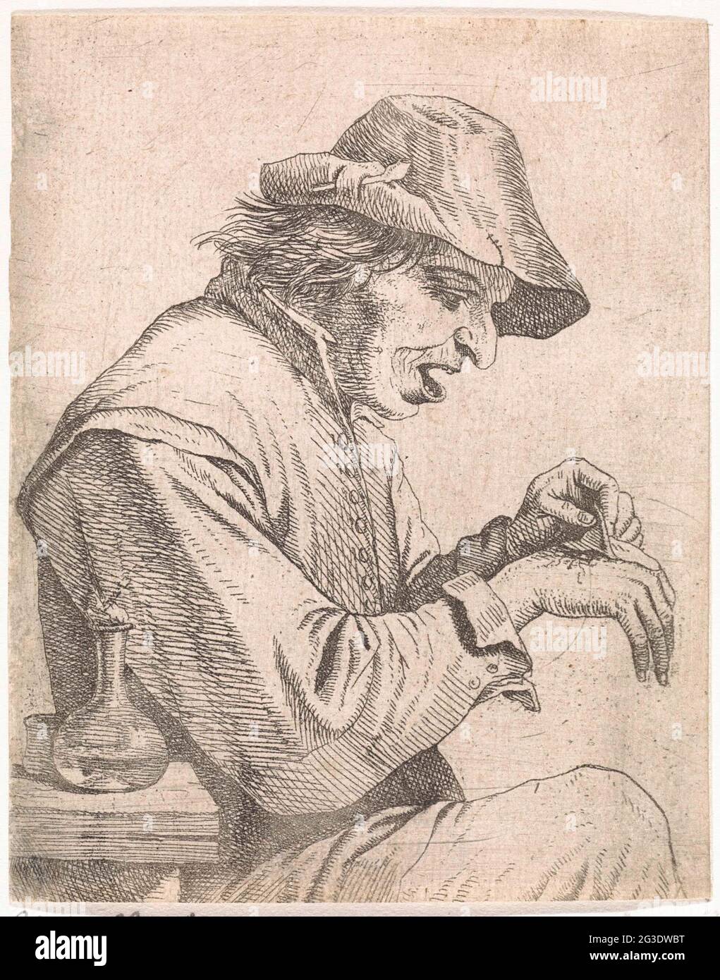 Feeling. A man draws a plaster from his right hand. Personification of ...