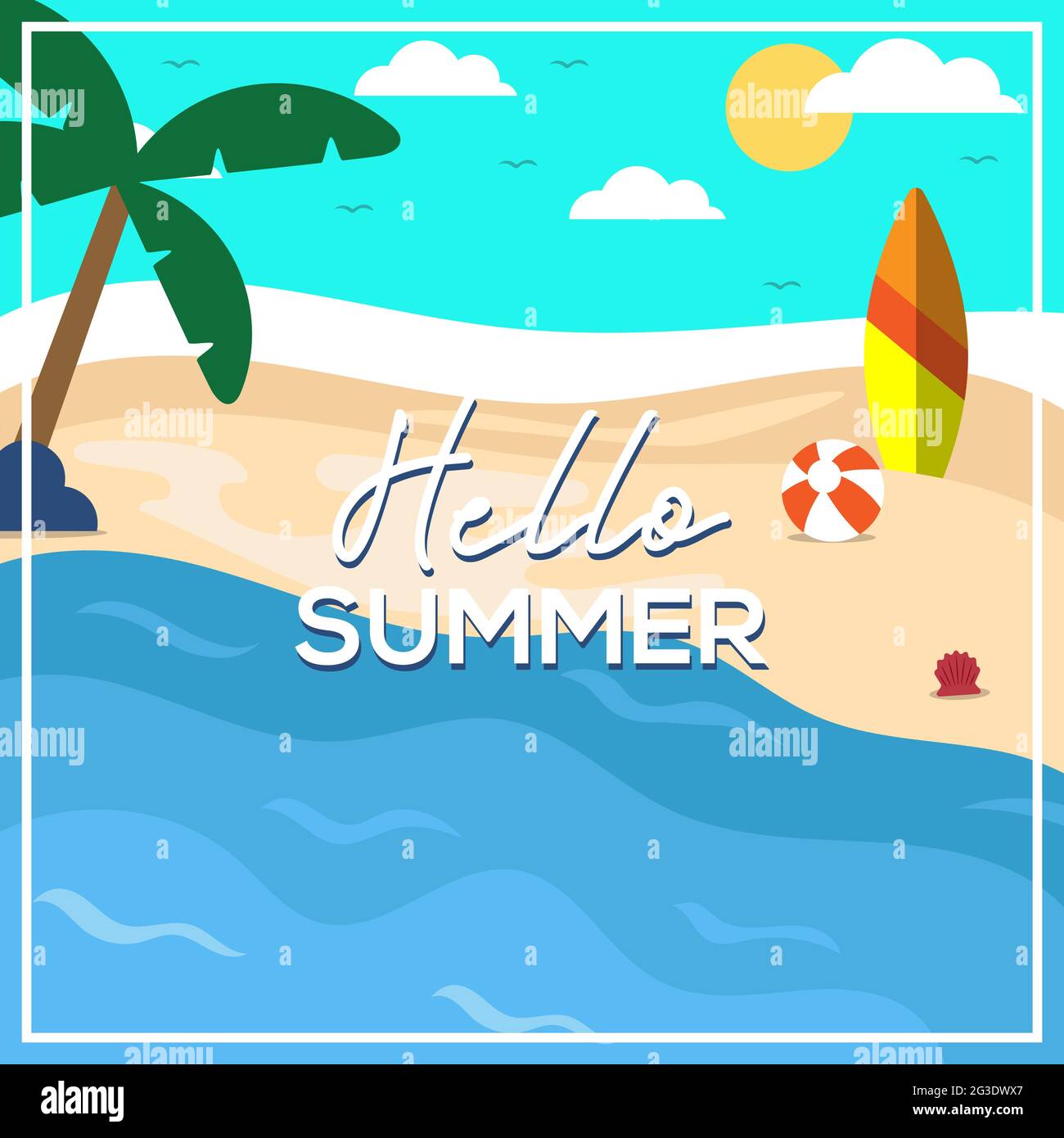 hello summer flat design background vector, beach party design illustration template Stock Vector