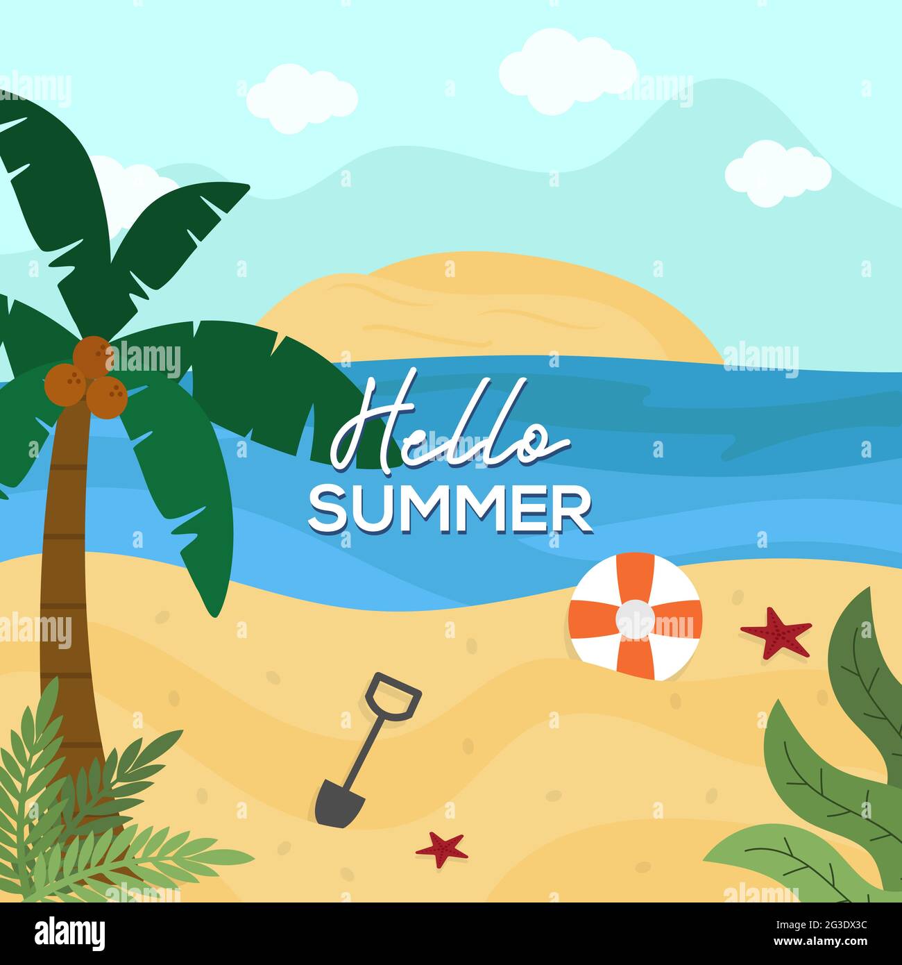 hello summer flat design, beach recreation design illustration template Stock Vector