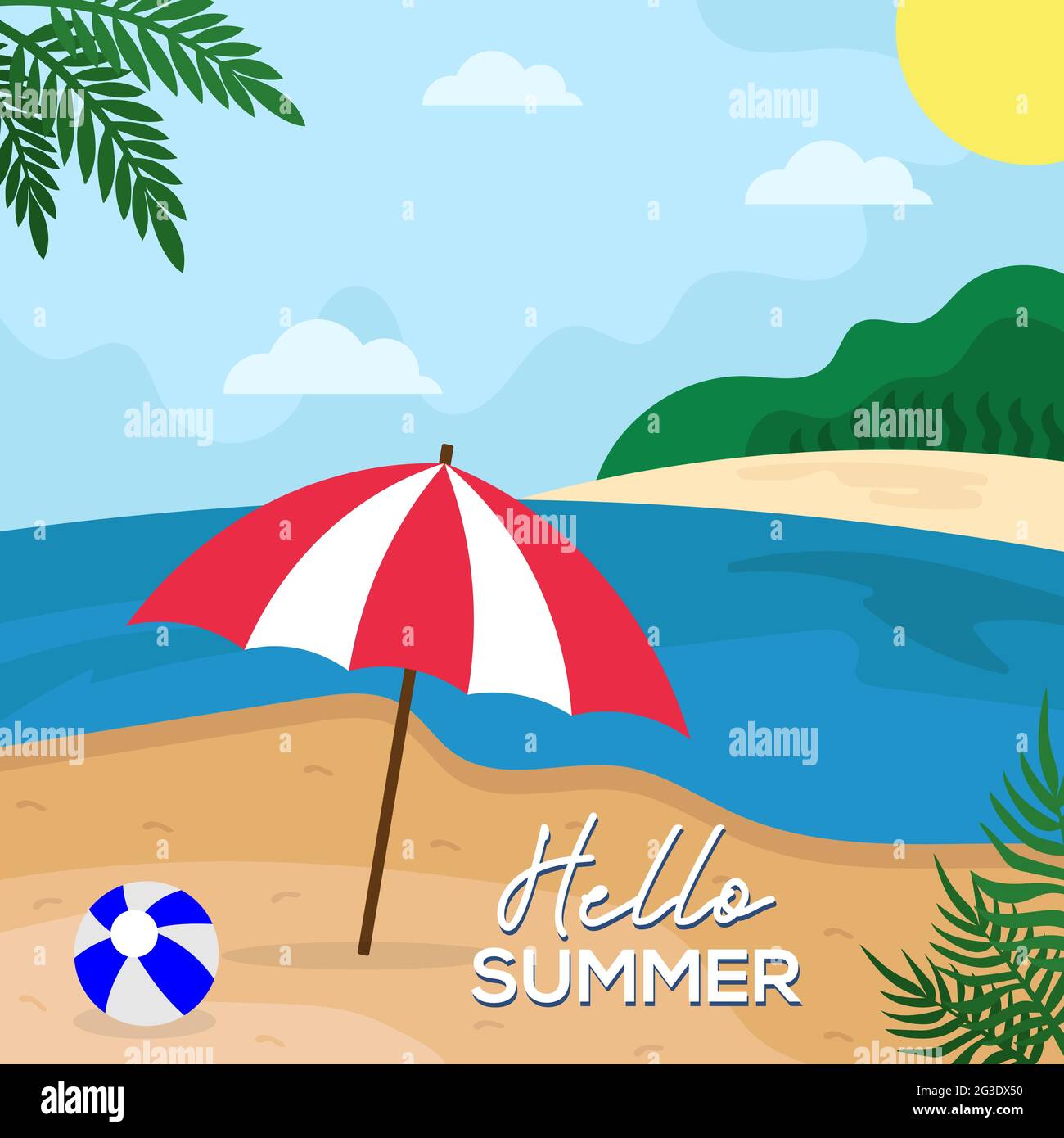 hello summer flat design, beauty beach design illustration template Stock Vector