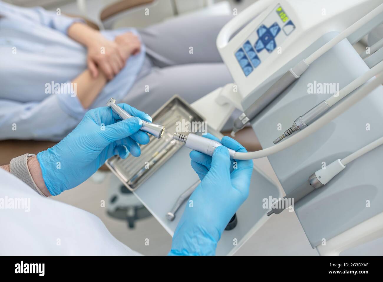Different medical dental supplies at the dentists office Stock Photo