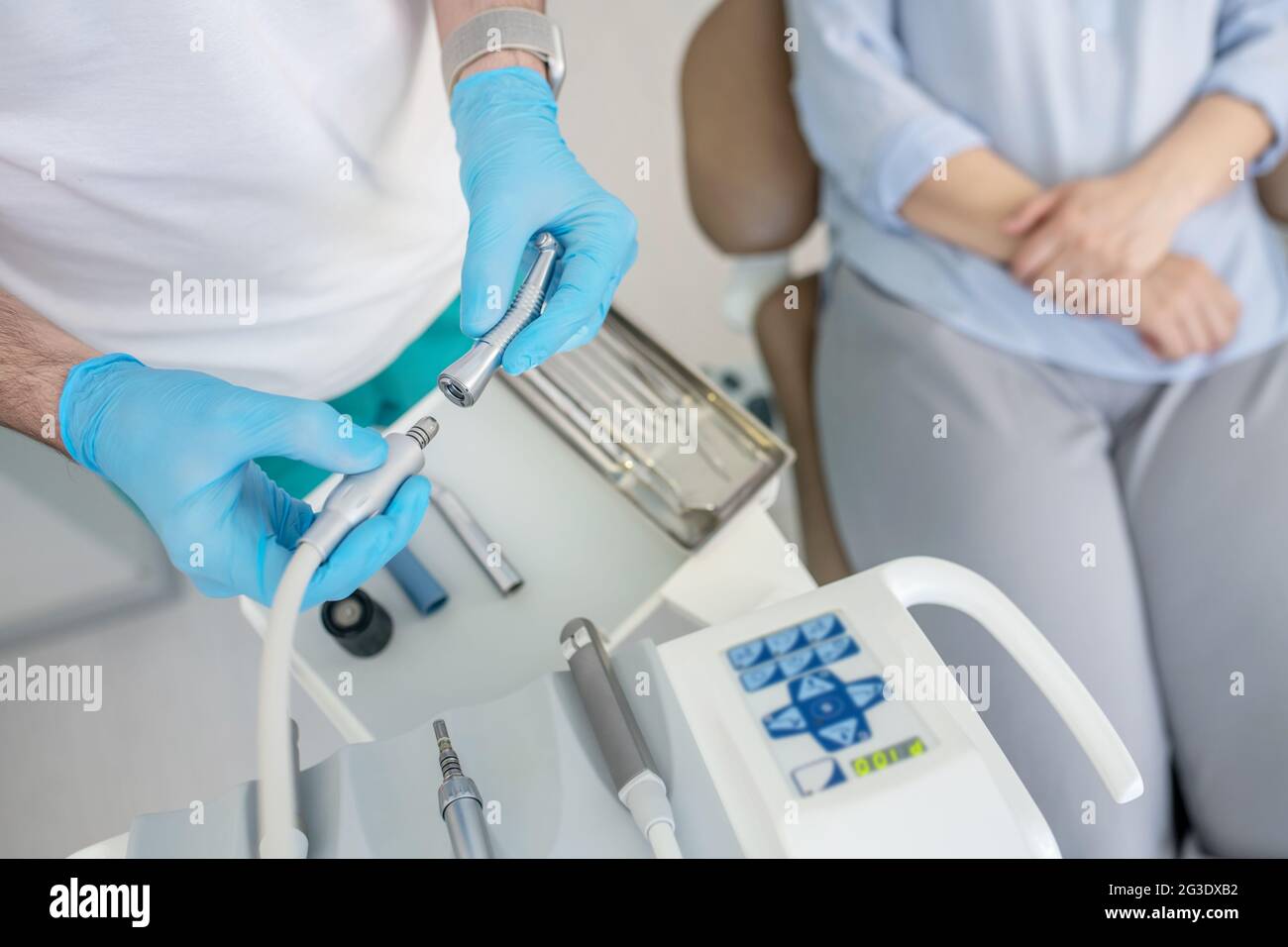Different medical dental supplies at the dentists office Stock Photo