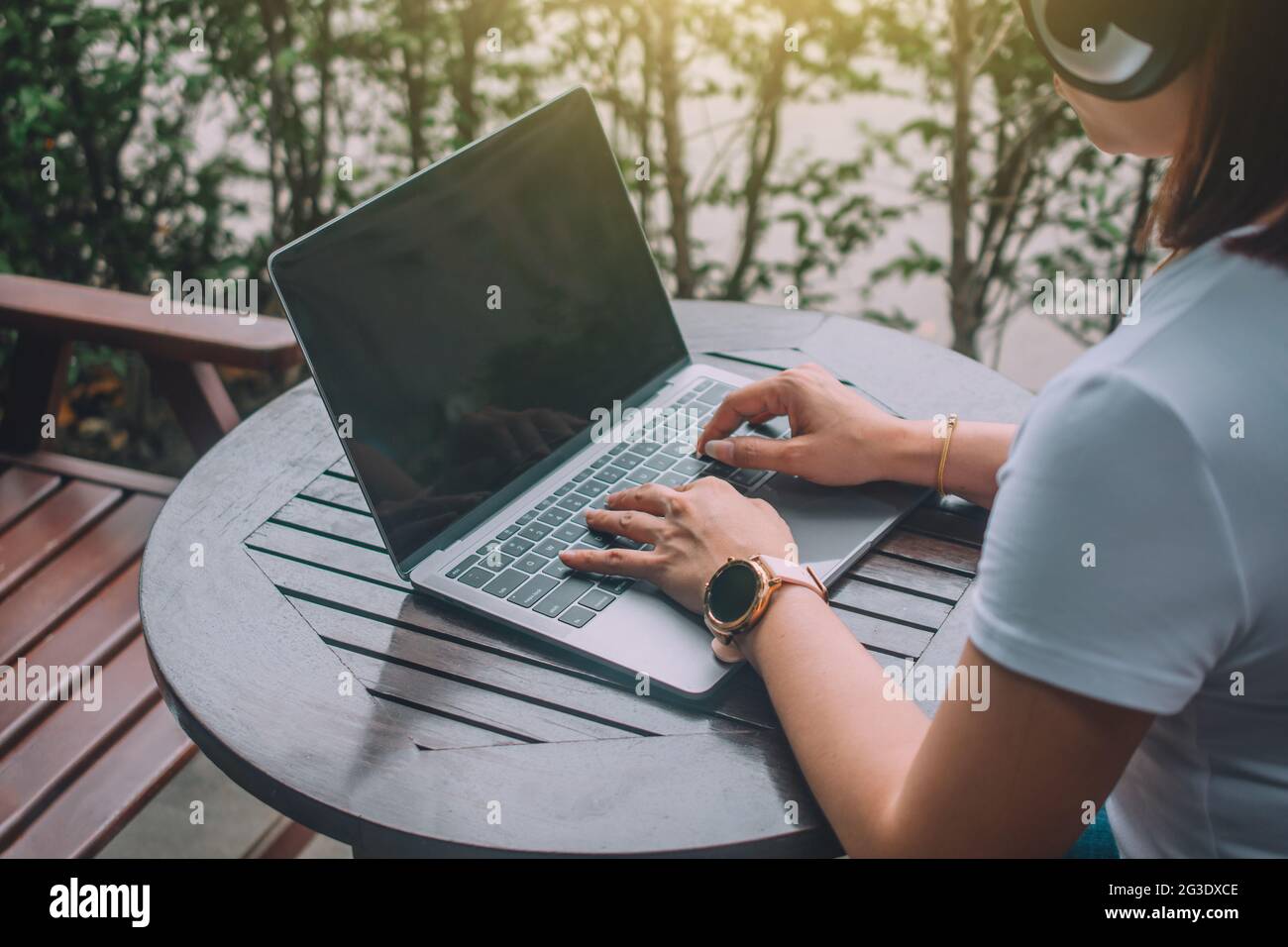 Close up woman using typing on computer technology Stock Photo - Alamy