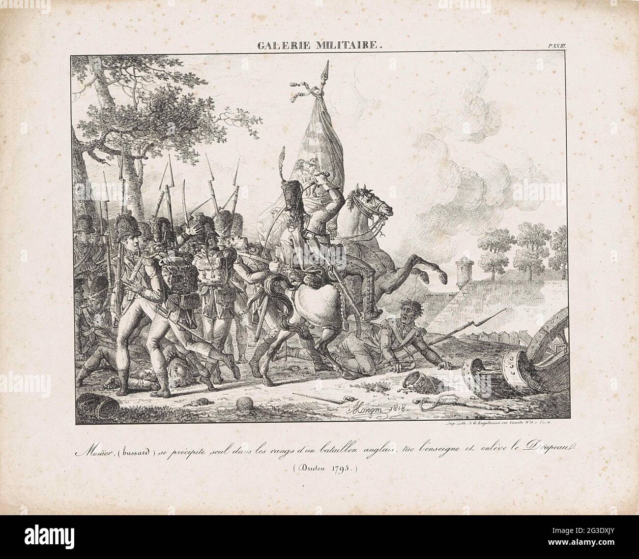 Hero's act of the Huzaar Hussier, at Druten in 1795; Military / Menier Gallery, (Hussard) SE Précipite Seul Dance Les Rangs d'Un Batailon (...) (Druten 1795). The French Huzaar Menier stands on a british battalion on his own, kills the banquet carrier and conquers the banner. During fights at Druten in 1795. Numbered at the top right: P XXIII. Stock Photo