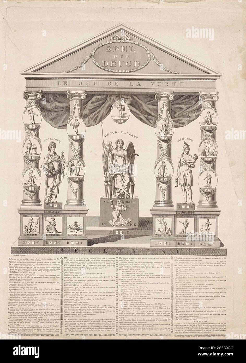 Dice game with rules; Game of virtue / le jeu de la vertu. Above  personifications of virtues and vices in a classical building with ionic  columns and a frontone. On the left