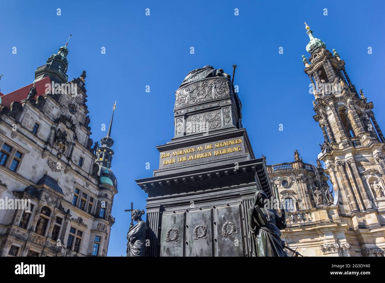 Historic buildings and sculpture on the Schlossplatz square in Dresden, Germany Stock Photo