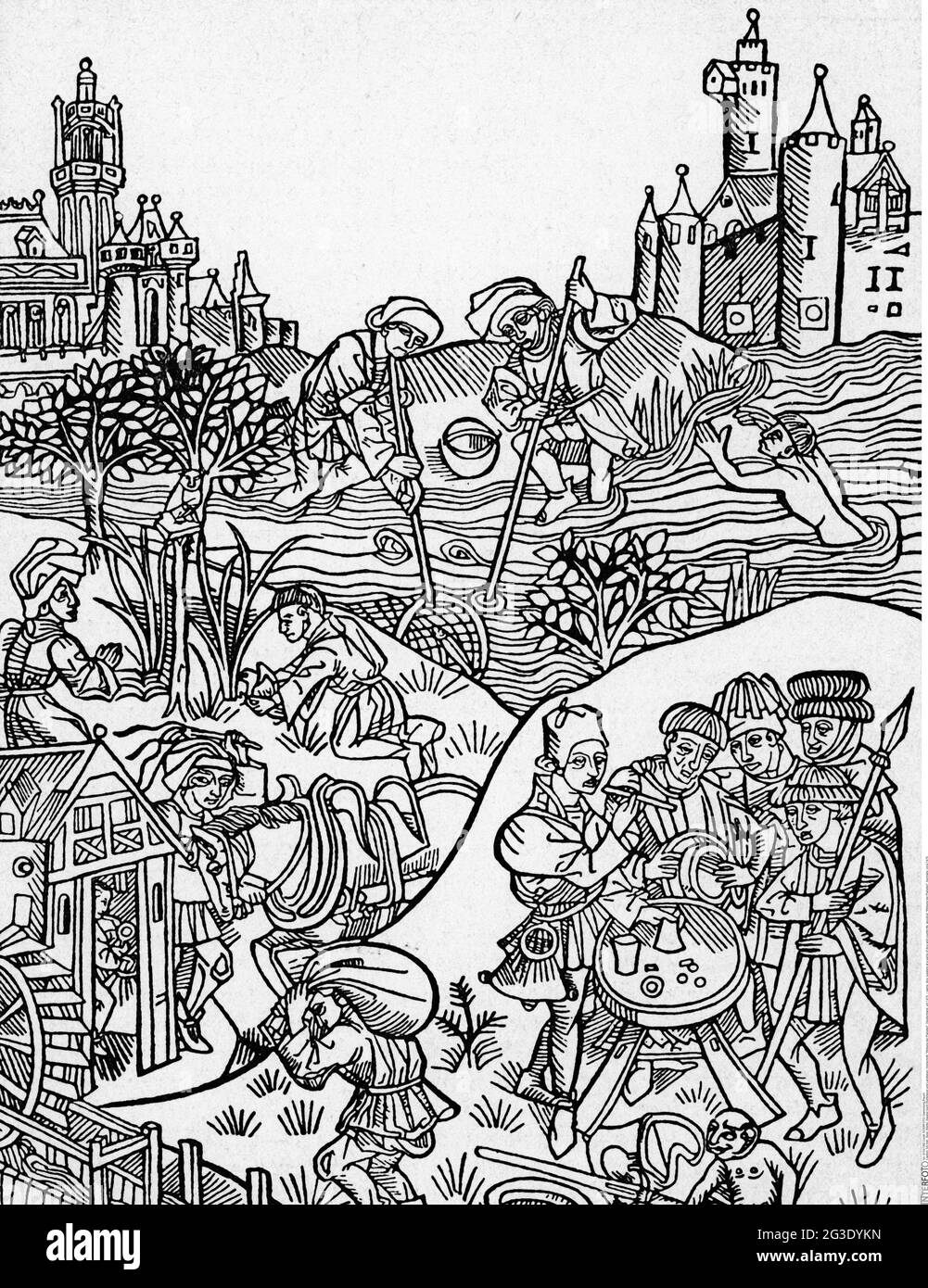 game, dice, jugglers at a game of dice and country life, woodcut, 'Wirkung der Planeten', Germany, ARTIST'S COPYRIGHT HAS NOT TO BE CLEARED Stock Photo