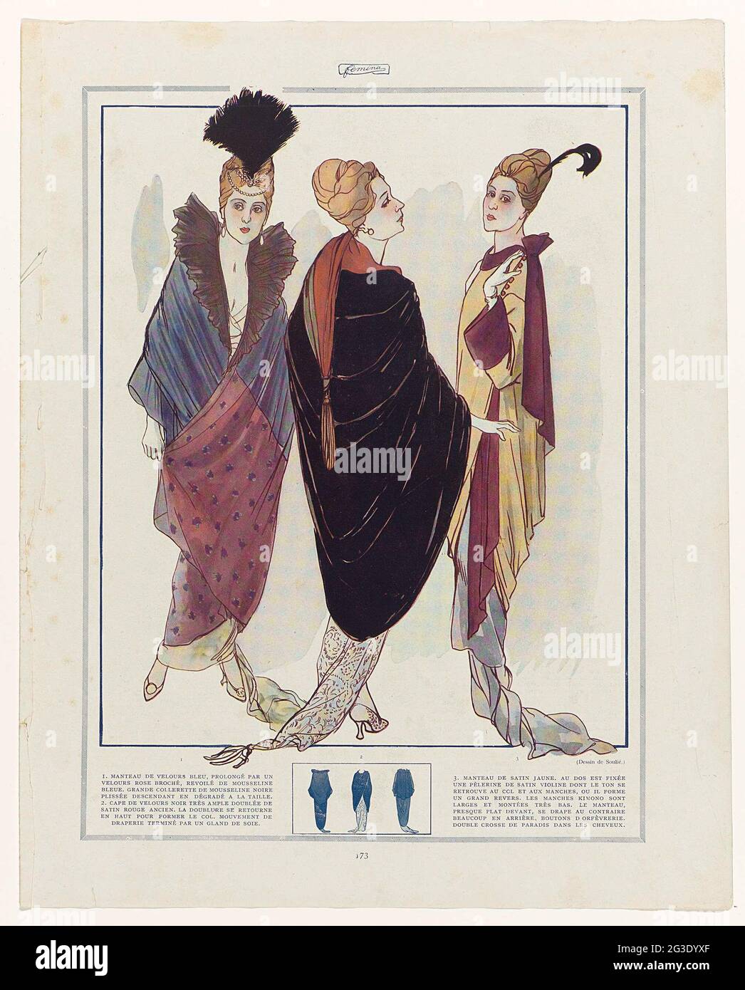 Fémina, ca. 1914, p. 173 and p. 174: 1. Manteau de Velours Bleu (...). Three women in different mantels. 1. Mantle of blue extended with pink bunched velvet. Large collar of