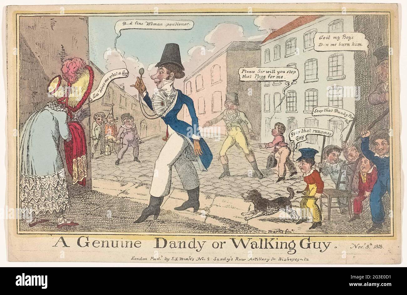 Cartoon on the Dandy at Guy Fawkes Day; A Genuine Dandy or Walking Guy.  Dandy, walking in a street, looking through his lorgnet. On the left a  woman with large canopy hat