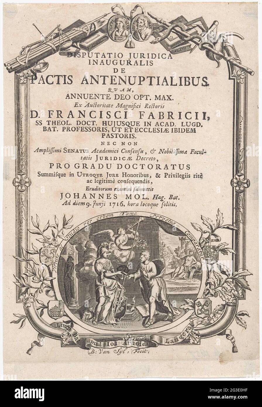 Printing mark of Johan Arnold Langerak in decorative frame; Title page for: Johannes Mol, Disputatio Juridica Inauguralis de Pactis Antenuptialibus, 1716. Printing mark of the Leiden printer Johan Arnold Langerak, representing Minerva who provides a bull with associated with a young man. The fame flies above it. A river god in the background. Around the oval the sentence 'Virtute AC Studio per Orbem Fama Perpetitia Comparatur'. Therefore oak and olive branches and four weapons, including that of the city. On a banderolle the name of Langerak. In the frame a fascination, scales, measuring instr Stock Photo