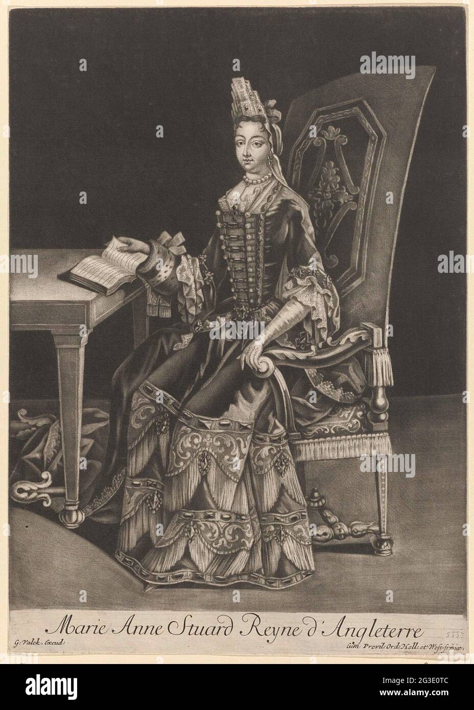 Portrait of Maria II Stuart. Portrait of Maria II. She is sitting at a table with a opened book. In the undermaster her name and title in French. Stock Photo