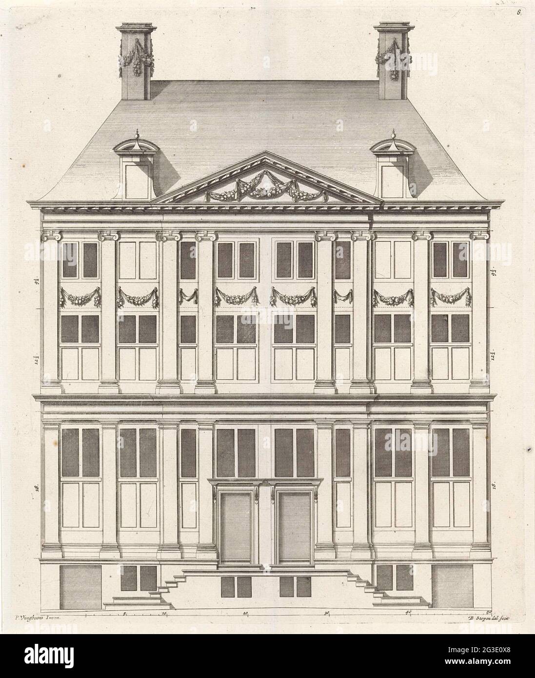 Facade of a Double House at the Oudezijds Voorburgwal in Amsterdam. Facade of the Double House at the Oudezijds Voorburgwal 205-207 in Amsterdam. The house was designed by Philips Vingboons for Jan and Hendrik Schuyt in 1650. Stock Photo