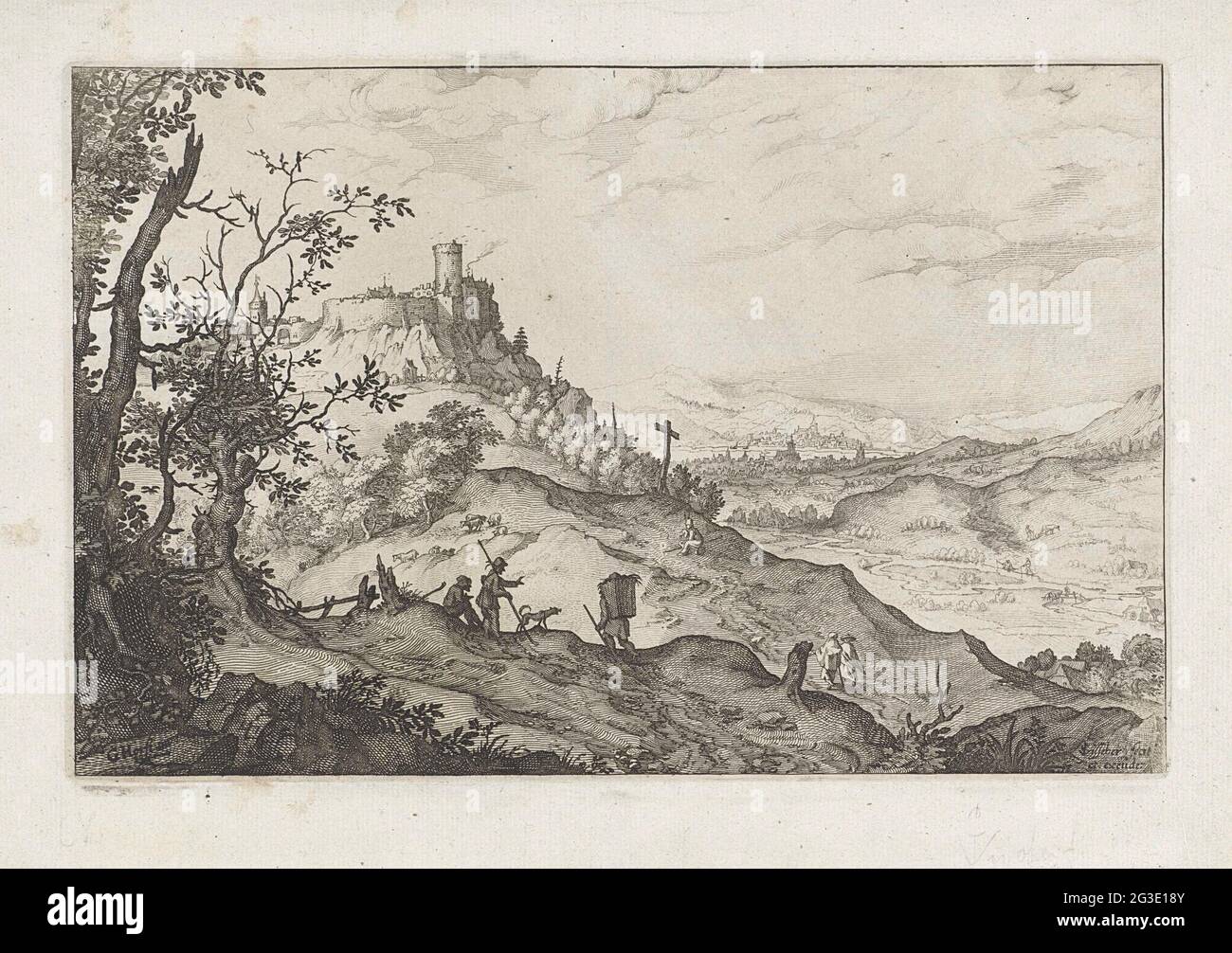 Mountain landscape with hikers and shepherds; Landscape with the fall of Icarus. Mountain landscape with hikers and shepherds. On the left on a hill a walled city with a castle. Due to the valley, a river flows where two fishermen have thrown their rod. Stock Photo
