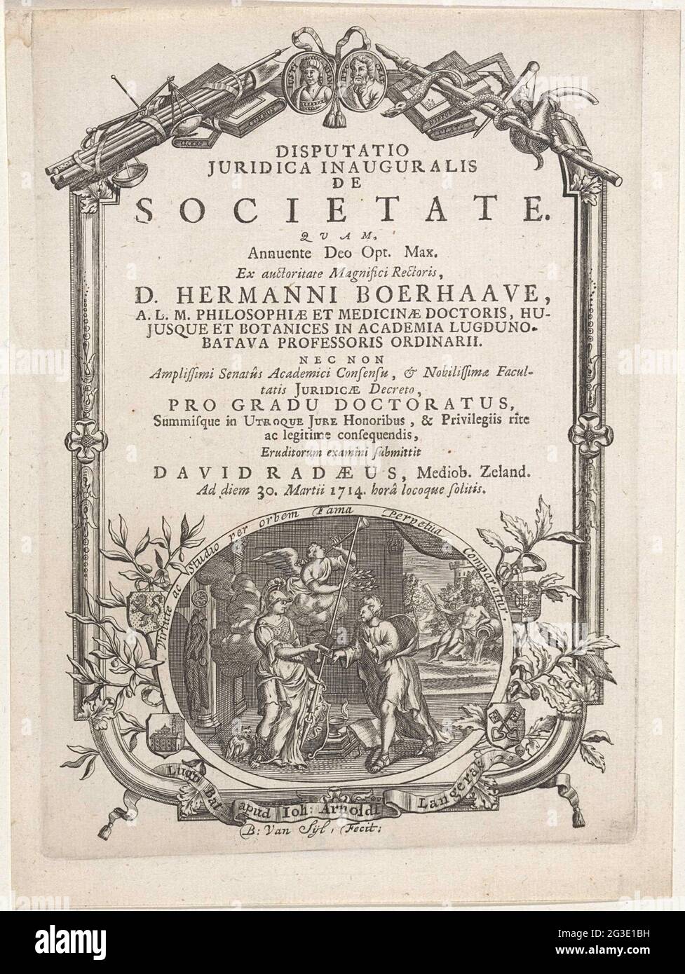 Printing mark of Johan Arnold Langerak in decorative frame; Title page for: David Radaeus, Disputatio Juridica Inauguralis de Societate, 1714. Printing mark of the Leiden printer Johan Arnold Langerak, representing Minerva who provides a bull with associated with a young man. The fame flies above it. A river god in the background. Around the oval the sentence 'Virtute AC Studio per Orbem Fama Perpetitia Comparatur'. Therefore oak and olive branches and four weapons, including that of the city. On a banderolle the name of Langerak. In the frame a fascination, scales, measuring instruments, an A Stock Photo