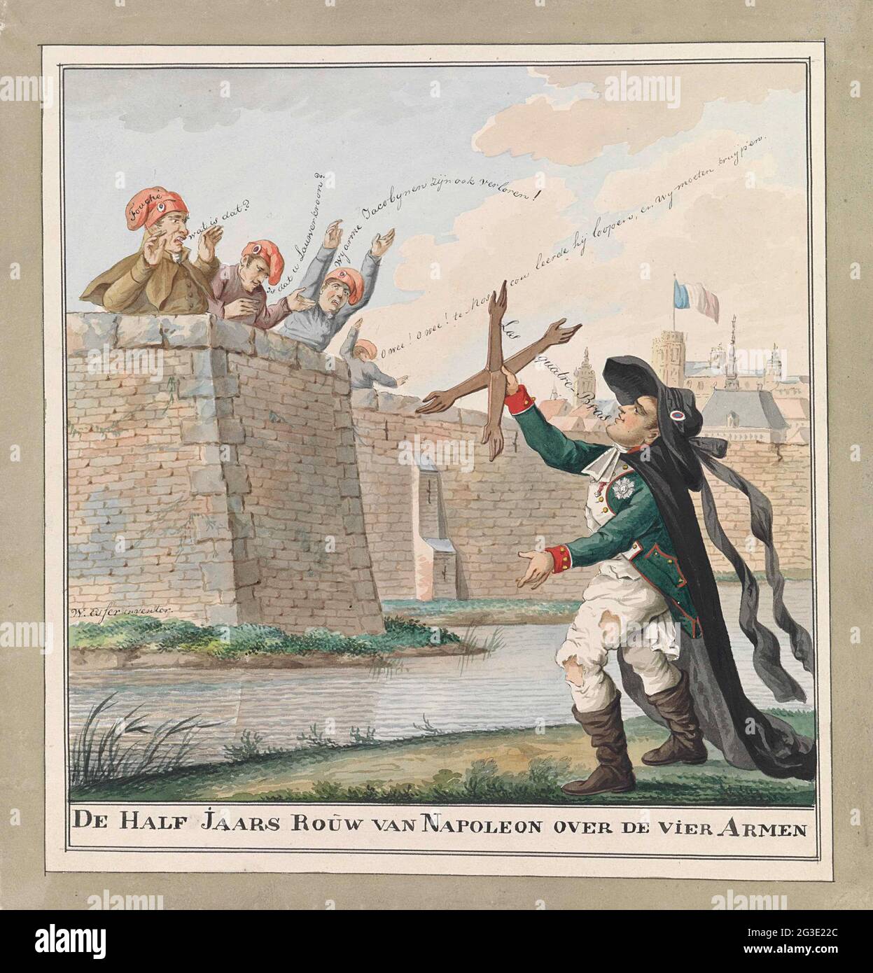 Return of Napoleon in Paris after Waterloo, 1815; The half-yearly mourning  Napoleon over the four arms. Cartoon on the return of Napoleon in Paris  after the lost blow at Waterloo, June 20,