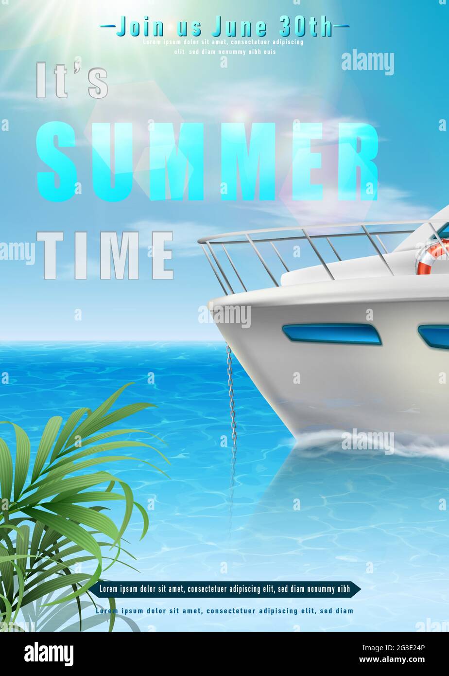 Summer time background with ocean view with the boat on the horizon. Stock Vector