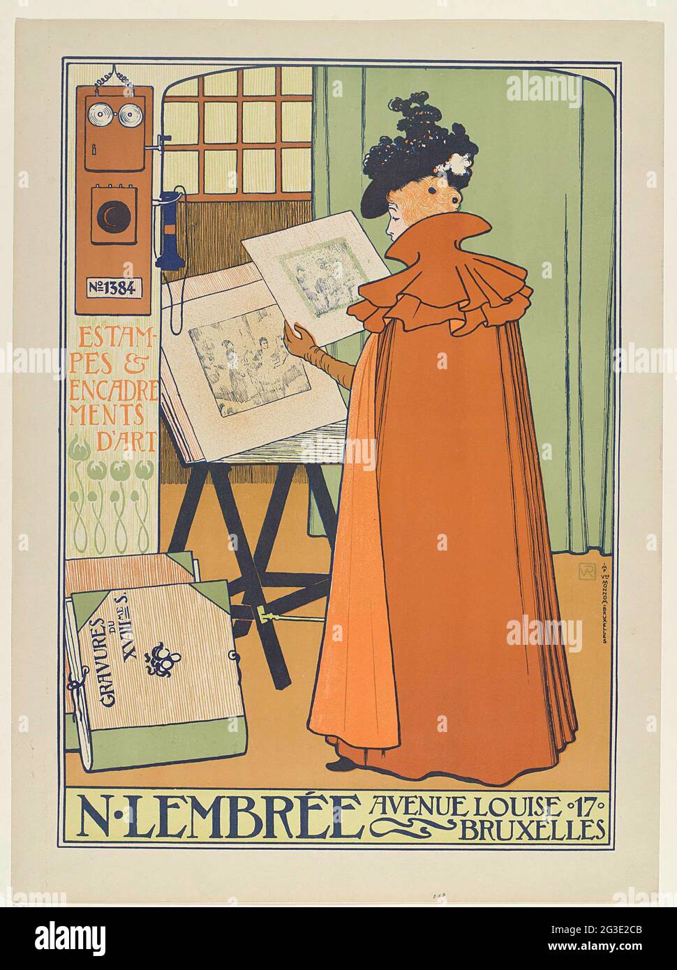 N. Lembée Estampes et Encadrements d'Art poster. Woman in fashionable  cloak, seen on the back, in the Lembéte shop. Looking at a print. A  telephone applies to the wall. Publicity poster for