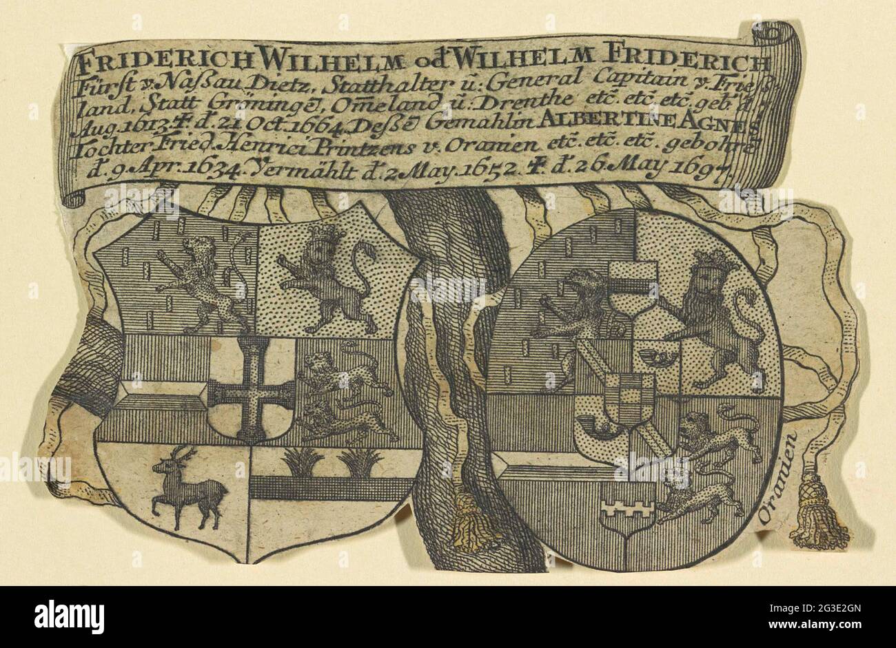 Weapons of Willem Frederik, Count of Nassau-Dietz, and Albertine Agnes, Princess of Orange. Weapons of Willem Frederik and Albertine Agnes. In a cartouche six lines of Dutch text. Stock Photo