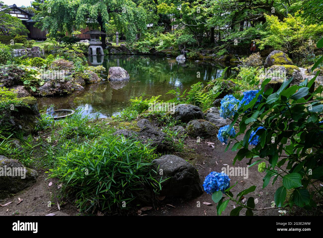 Ryusenen Garden, surrounds a Japanese house built with carefully selected materials, stands in a strolling garden that takes advantage of the natural Stock Photo